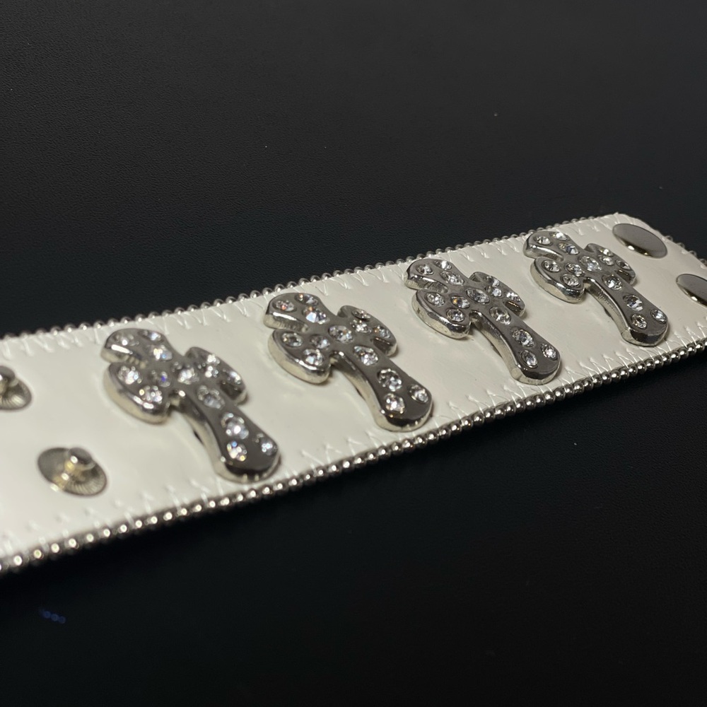 White Leather Cuff Bracelet with Silver Crosses